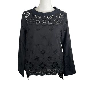 J. Crew Black Eyelet Long Sleeve High Low Top Size 0